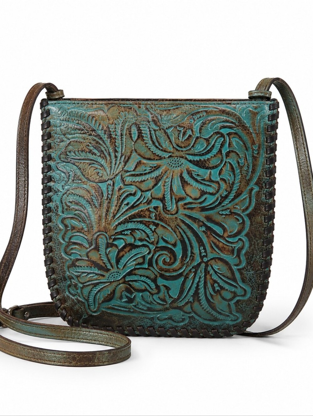 Patricia Nash Torri Brown & Turquoise Genuine Leather Tooled Floral  Crossbody